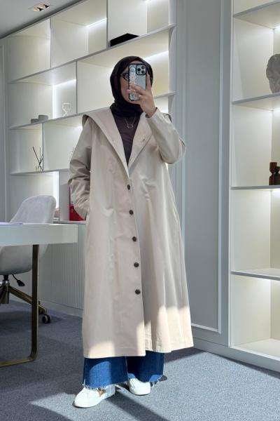 Kapüşonlu Astarlı Trençkot Bej