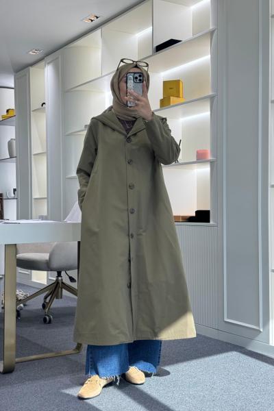 Kapüşonlu Astarlı Trençkot Haki